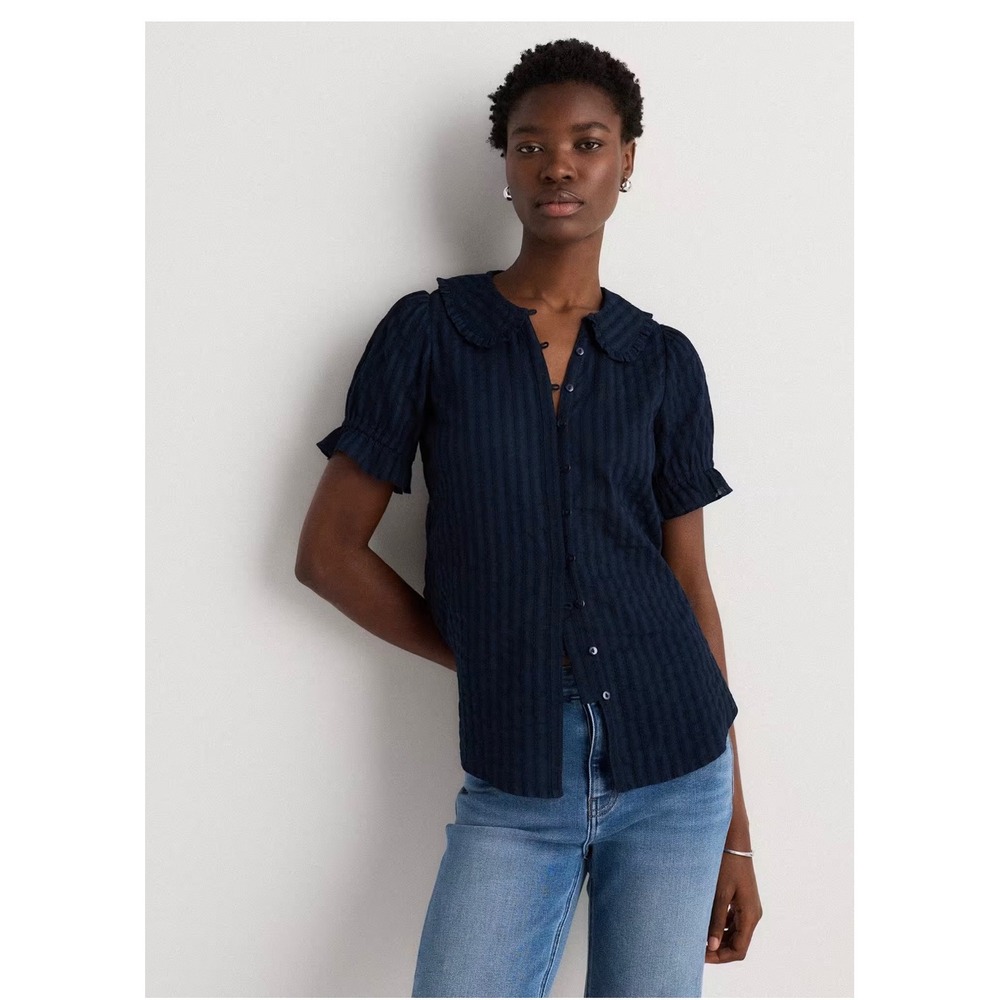 Quince Embroidered Cotton Ruffle Collar Short Sleeve Top Navy XL NEW


 XL NWT